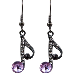 Music Note Earring with Clear/Purple Crystals